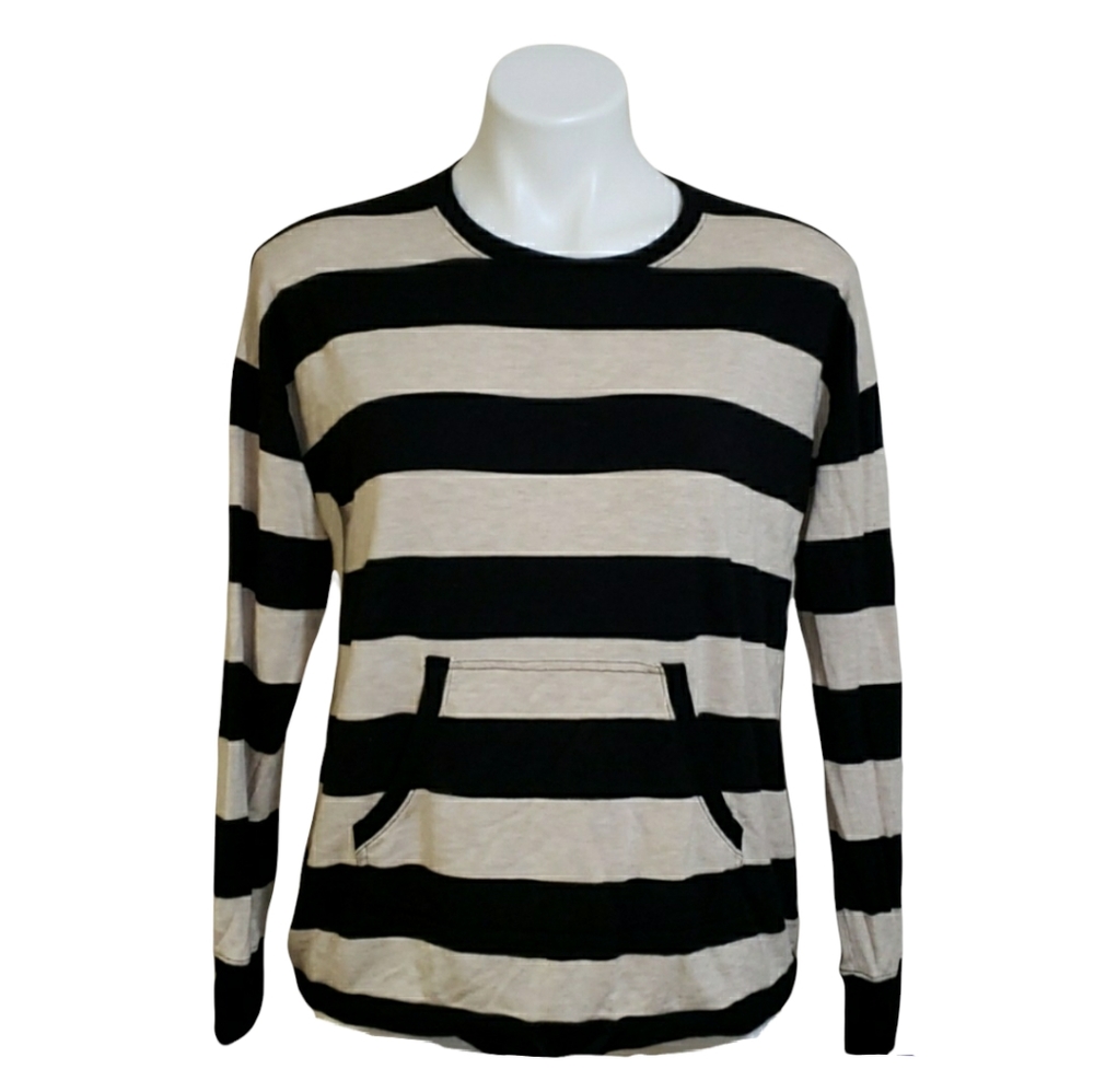 Kensie Striped Lightweight Sweatshirt Top Women's Size Small Black & Beige